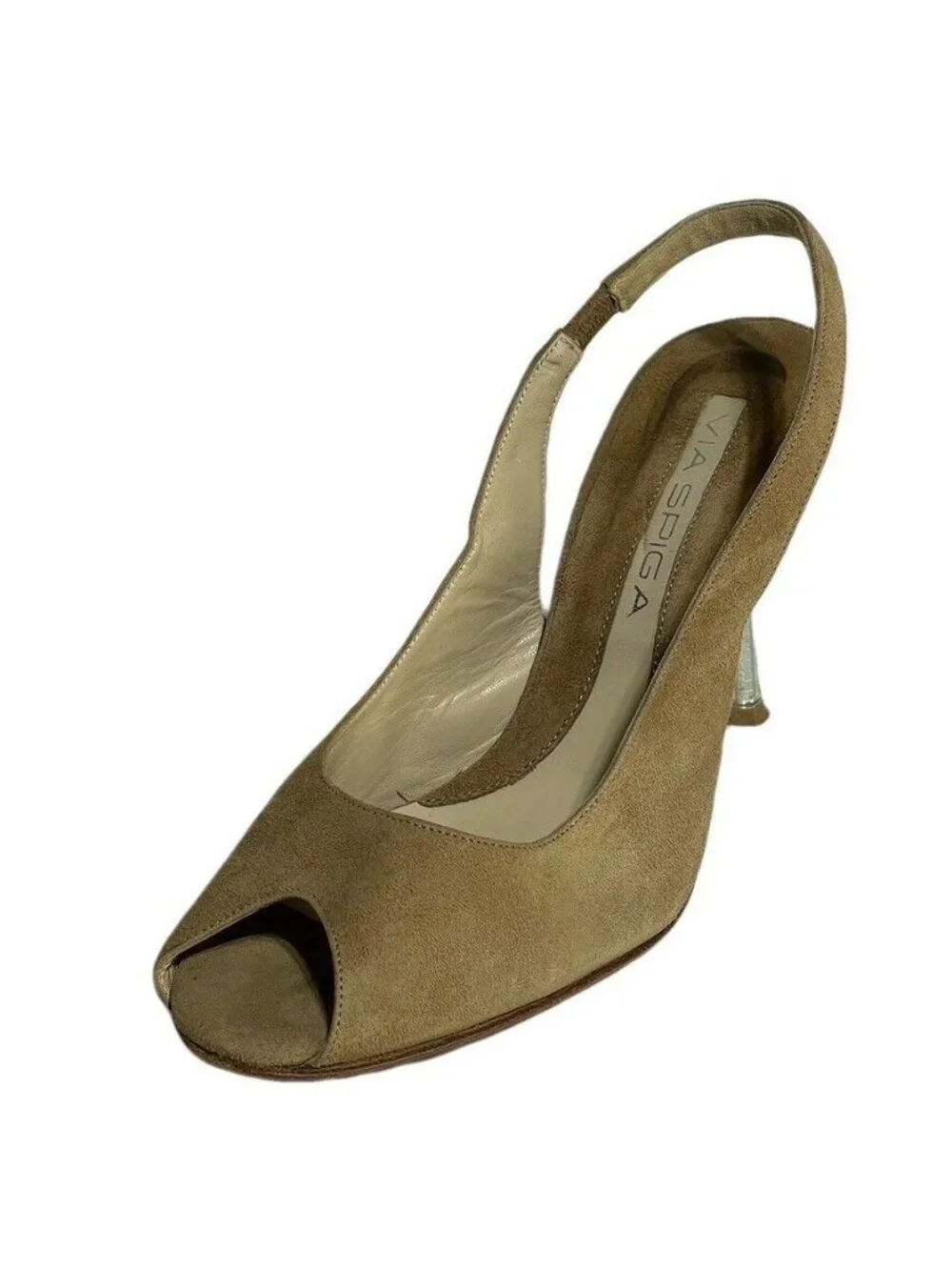 Via Spiga Womens Tan Suede Peep Toe Slingback Heels Size 8